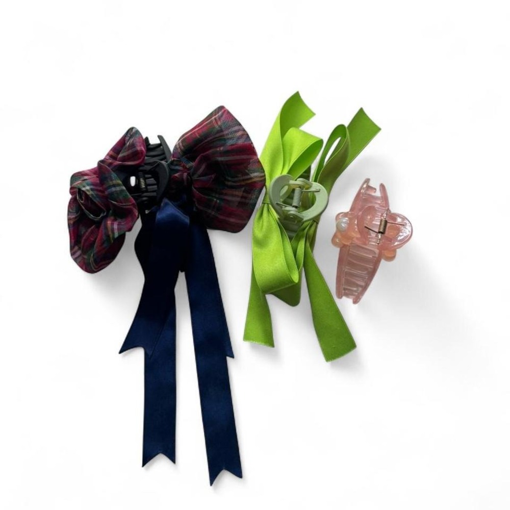 Lot Of 3 Claw Clips Urban Outfitters Ribbon Bow Hair Accessory Plaid Green Pink